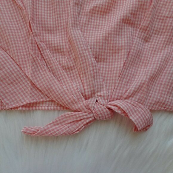 New MADEWELL Novel  Tie Front Top Gingham Check Tie Pink White Light Blossom L - Picture 7 of 12
